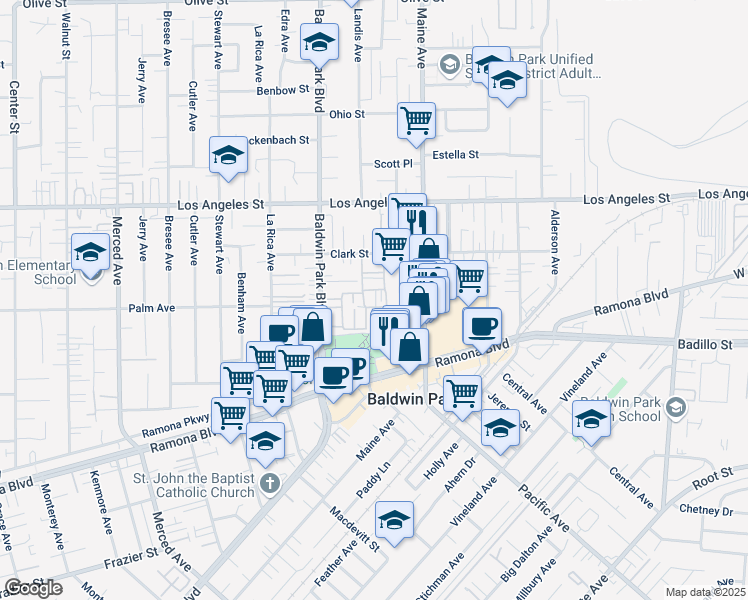 map of restaurants, bars, coffee shops, grocery stores, and more near 14236 Shadylawn Place in Baldwin Park