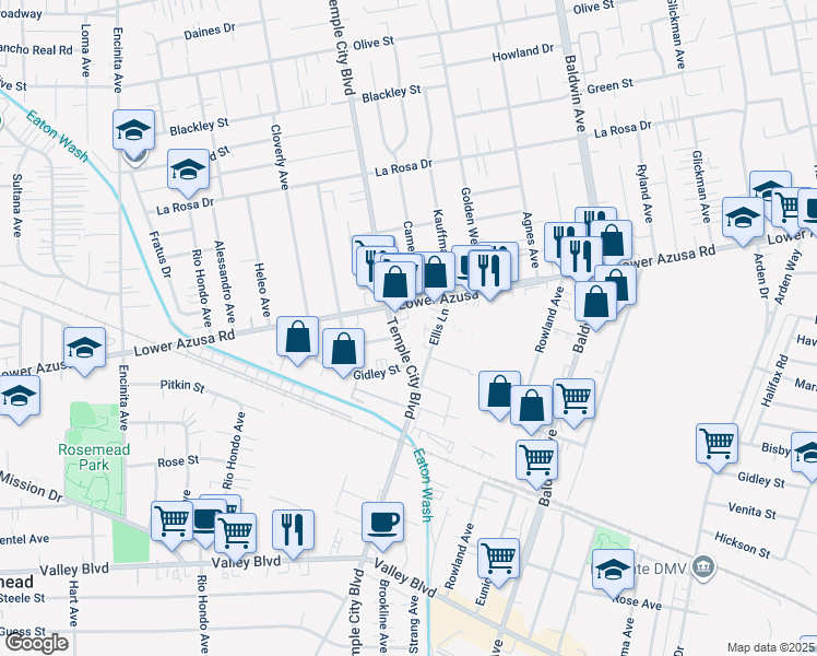 map of restaurants, bars, coffee shops, grocery stores, and more near 4515 Ellis Lane in Temple City