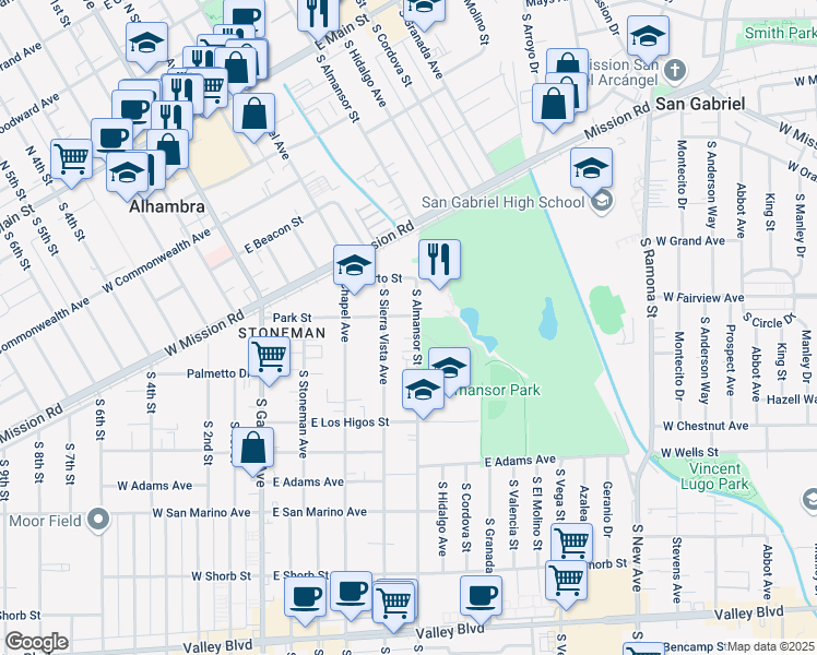 map of restaurants, bars, coffee shops, grocery stores, and more near 701 South Almansor Street in Alhambra