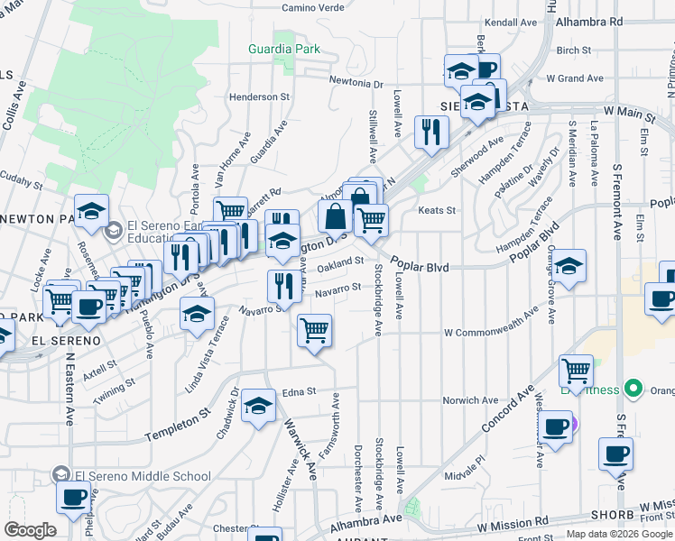 map of restaurants, bars, coffee shops, grocery stores, and more near 5343 Oakland Street in Los Angeles
