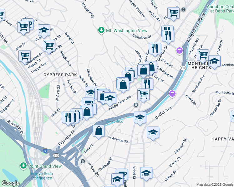 map of restaurants, bars, coffee shops, grocery stores, and more near 3521 North Figueroa Street in Los Angeles