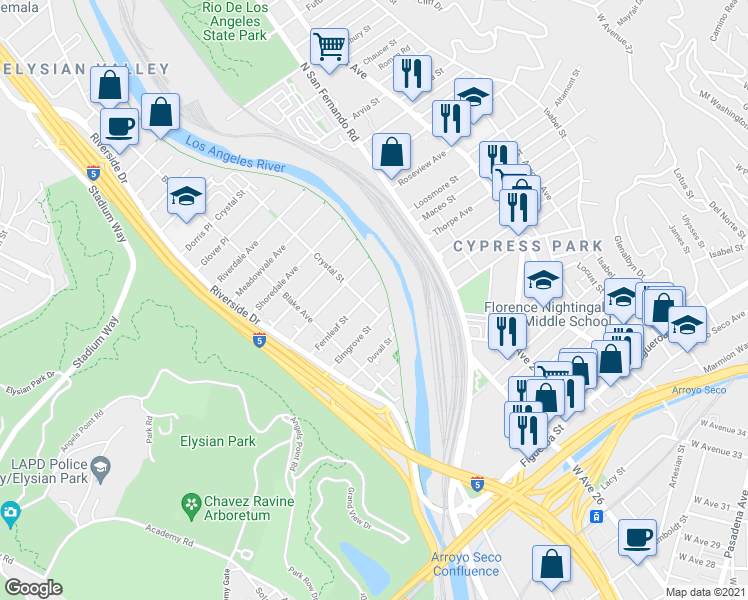 map of restaurants, bars, coffee shops, grocery stores, and more near 2406 Fernleaf Street in Los Angeles