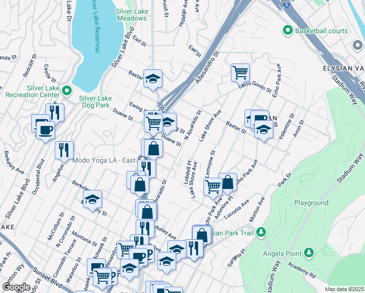 map of restaurants, bars, coffee shops, grocery stores, and more near 2109 Duane Street in Los Angeles
