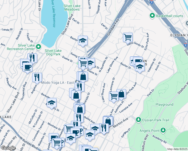 map of restaurants, bars, coffee shops, grocery stores, and more near 2109 Duane Street in Los Angeles