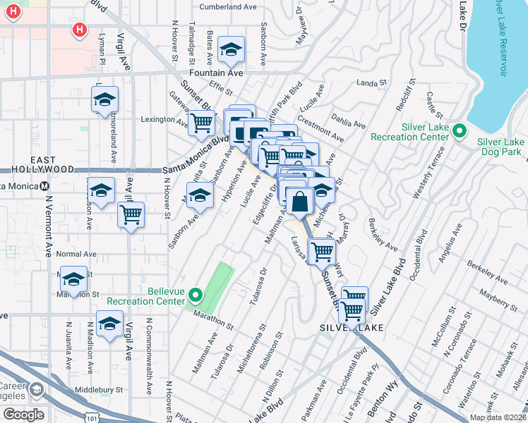 map of restaurants, bars, coffee shops, grocery stores, and more near 1409 Maltman Avenue in Los Angeles