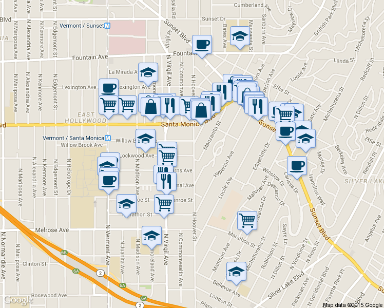 map of restaurants, bars, coffee shops, grocery stores, and more near 915 Manzanita Street in Los Angeles
