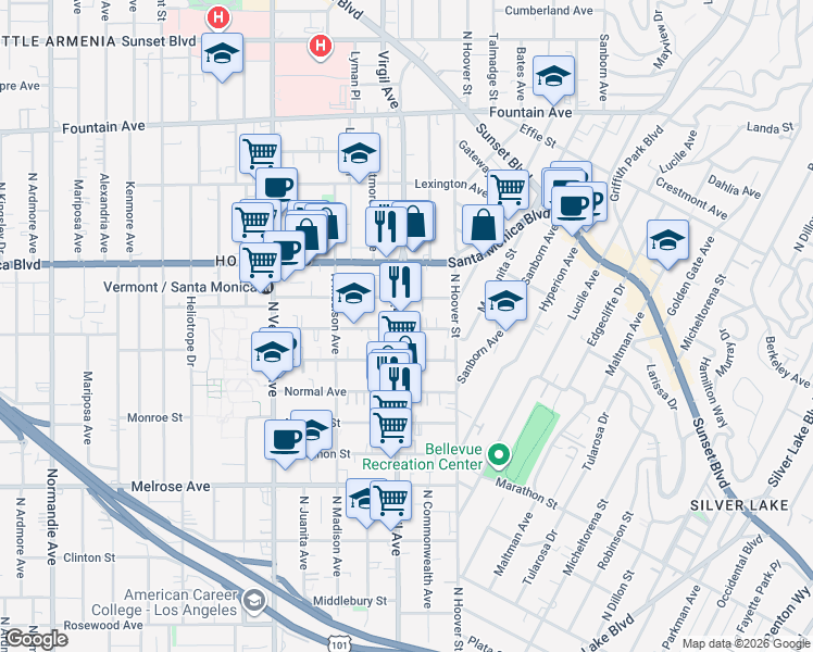 map of restaurants, bars, coffee shops, grocery stores, and more near 957 North Virgil Avenue in Los Angeles