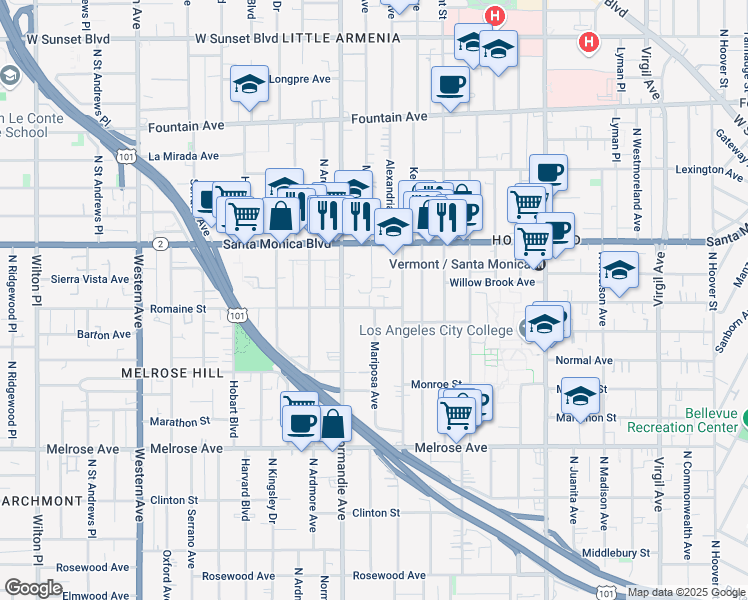 map of restaurants, bars, coffee shops, grocery stores, and more near 1000 North Mariposa Avenue in Los Angeles