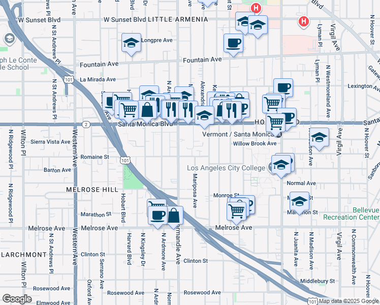 map of restaurants, bars, coffee shops, grocery stores, and more near 1000 North Mariposa Avenue in Los Angeles
