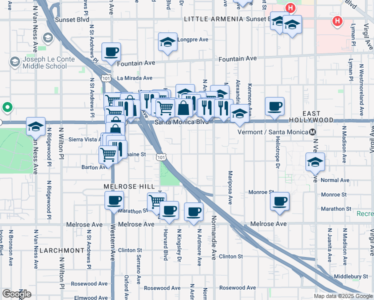 map of restaurants, bars, coffee shops, grocery stores, and more near 5151 Romaine Street in Los Angeles