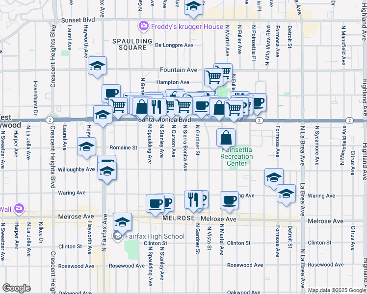 map of restaurants, bars, coffee shops, grocery stores, and more near 1007 North Sierra Bonita Avenue in West Hollywood