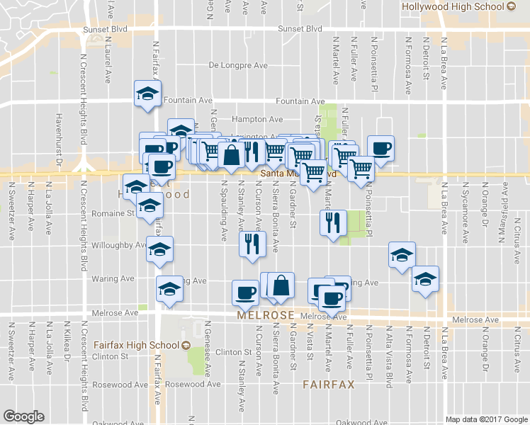 map of restaurants, bars, coffee shops, grocery stores, and more near 1007 North Sierra Bonita Avenue in West Hollywood