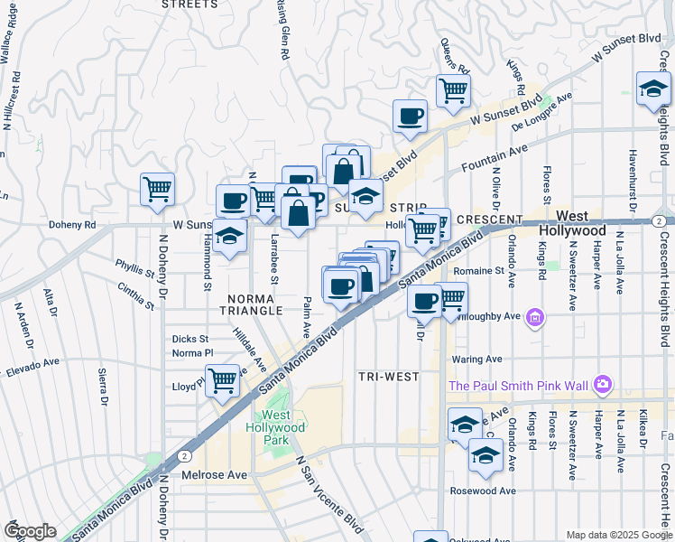 map of restaurants, bars, coffee shops, grocery stores, and more near 980 Hancock Avenue in West Hollywood