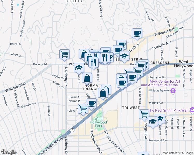 map of restaurants, bars, coffee shops, grocery stores, and more near 965 Larrabee Street in West Hollywood