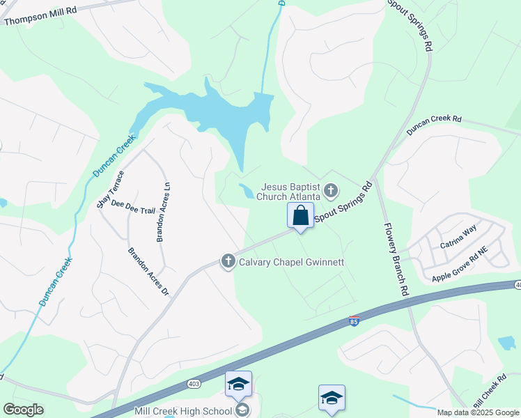 map of restaurants, bars, coffee shops, grocery stores, and more near 4810 Spout Springs Road in Buford