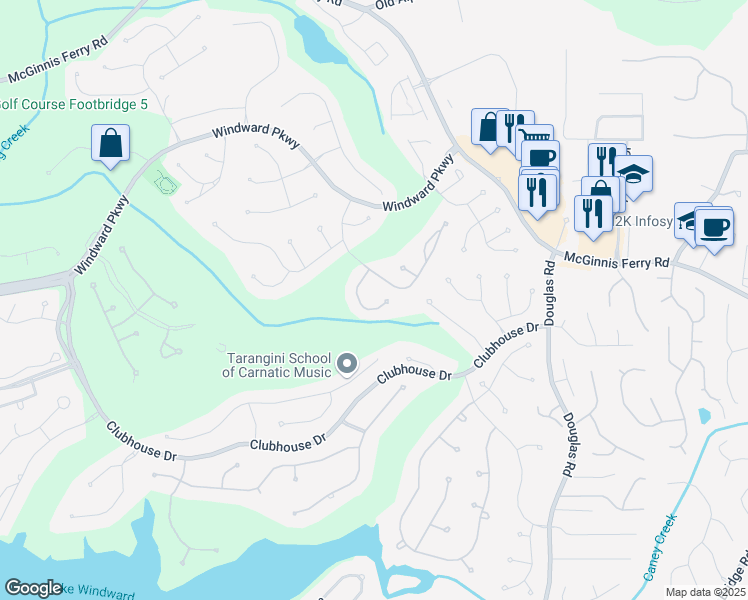 map of restaurants, bars, coffee shops, grocery stores, and more near 7080 Greatwood Trail in Alpharetta