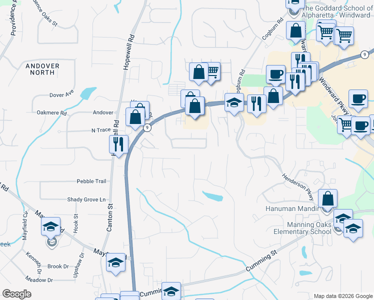 map of restaurants, bars, coffee shops, grocery stores, and more near 1115 Winthrope Chase Drive in Alpharetta