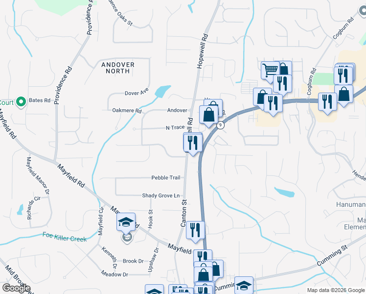 map of restaurants, bars, coffee shops, grocery stores, and more near 12476 Hopewell Road in Alpharetta