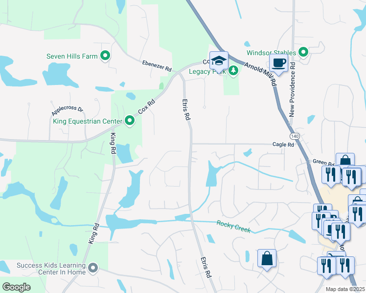 map of restaurants, bars, coffee shops, grocery stores, and more near 715 Aronson Lake Court in Roswell