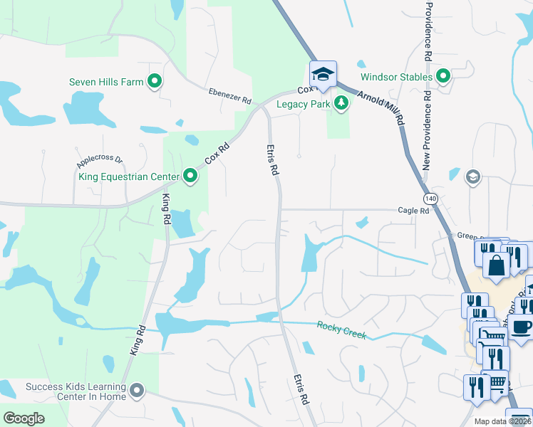 map of restaurants, bars, coffee shops, grocery stores, and more near 715 Aronson Lake Court in Roswell