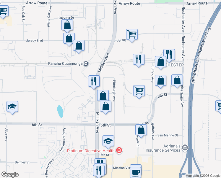 map of restaurants, bars, coffee shops, grocery stores, and more near 11380 7th Street in Rancho Cucamonga