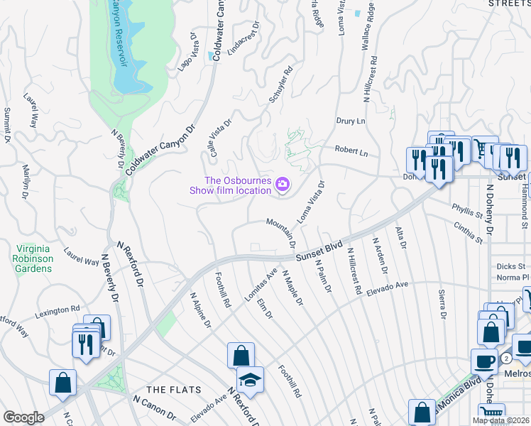 map of restaurants, bars, coffee shops, grocery stores, and more near 609 Mountain Drive in Beverly Hills