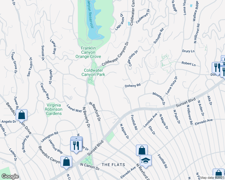 map of restaurants, bars, coffee shops, grocery stores, and more near 942 North Alpine Drive in Beverly Hills