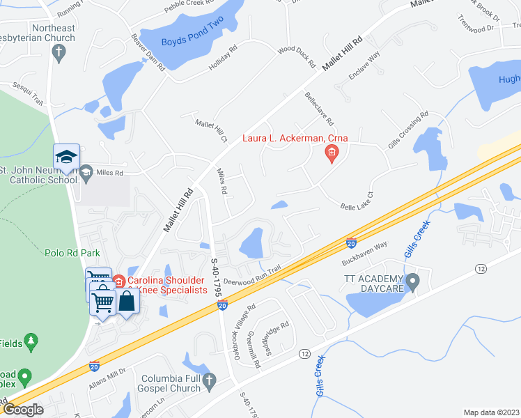 map of restaurants, bars, coffee shops, grocery stores, and more near 136 Genessee Valley Road in Columbia