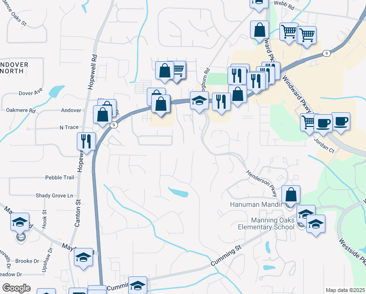 map of restaurants, bars, coffee shops, grocery stores, and more near 200 Water Oak Place in Alpharetta