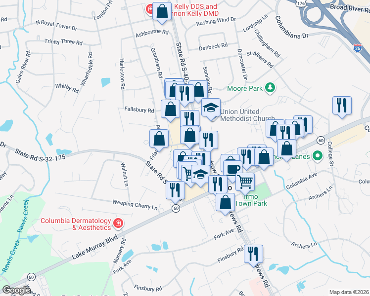 map of restaurants, bars, coffee shops, grocery stores, and more near 5 Thames Valley Road in Irmo