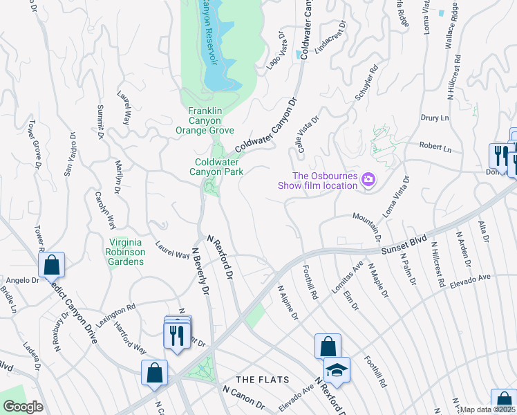 map of restaurants, bars, coffee shops, grocery stores, and more near 942 North Alpine Drive in Beverly Hills