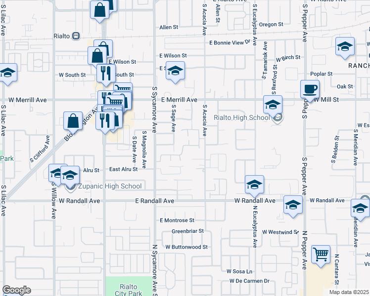 map of restaurants, bars, coffee shops, grocery stores, and more near 413 East James Street in Rialto