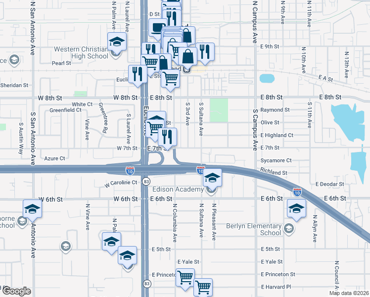 map of restaurants, bars, coffee shops, grocery stores, and more near 258 East 7th Street in Upland