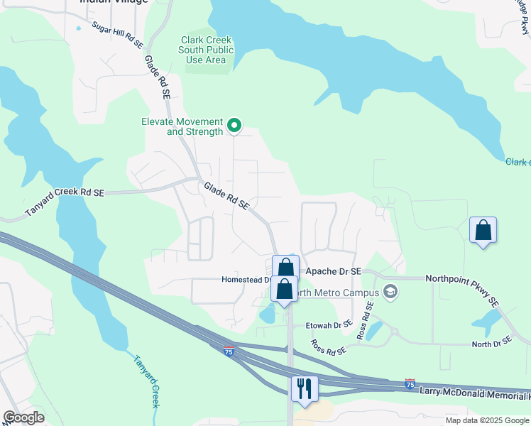 map of restaurants, bars, coffee shops, grocery stores, and more near 5498 Glade Road Southeast in Acworth