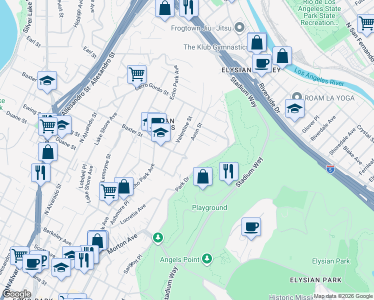 map of restaurants, bars, coffee shops, grocery stores, and more near Avon Street in Los Angeles
