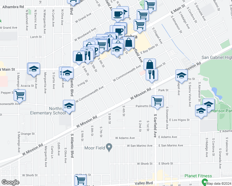 map of restaurants, bars, coffee shops, grocery stores, and more near 403 South 4th Street in Alhambra