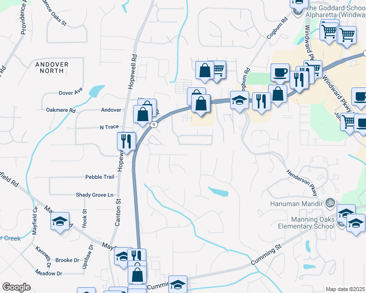 map of restaurants, bars, coffee shops, grocery stores, and more near 1075 Winthrope Chase Drive in Alpharetta