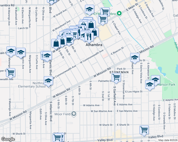 map of restaurants, bars, coffee shops, grocery stores, and more near South 4th Street in Alhambra