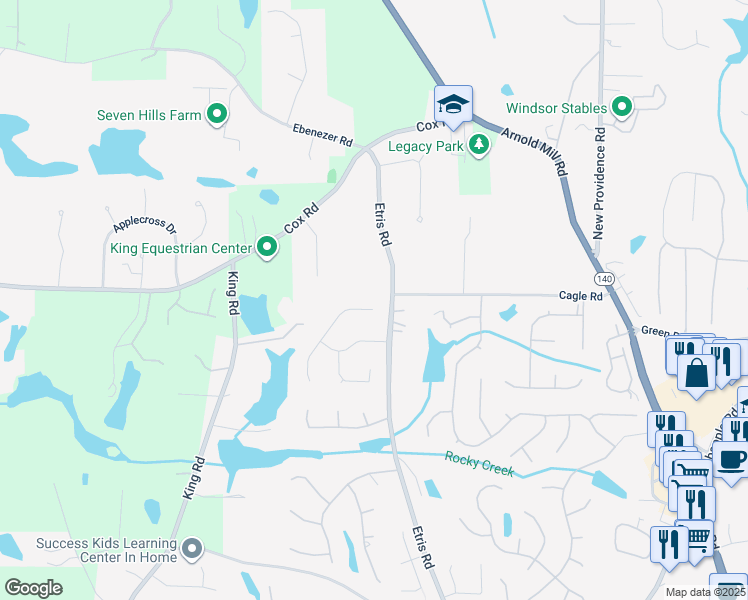 map of restaurants, bars, coffee shops, grocery stores, and more near 715 Aronson Lake Court in Roswell