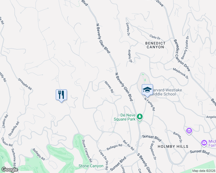 map of restaurants, bars, coffee shops, grocery stores, and more near 677 Nimes Road in Los Angeles