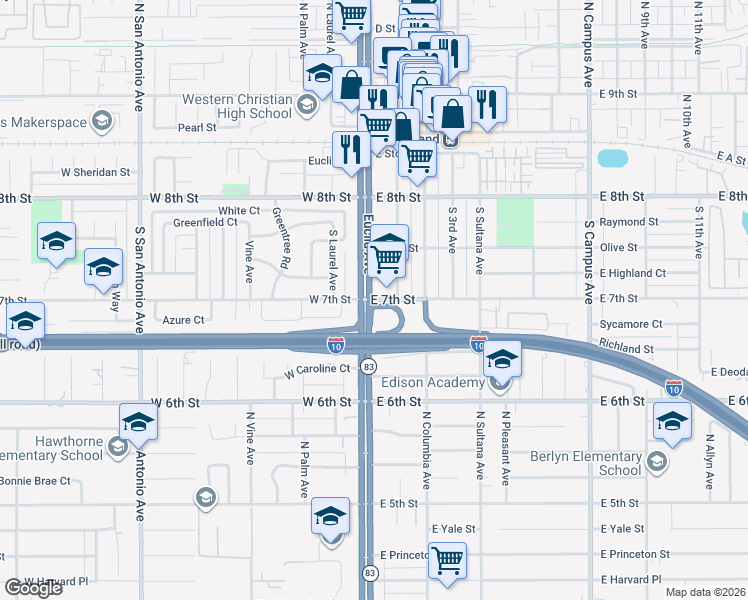 map of restaurants, bars, coffee shops, grocery stores, and more near 540 East 7th Street in Upland