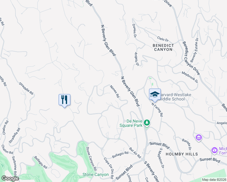 map of restaurants, bars, coffee shops, grocery stores, and more near 701 Nimes Road in Los Angeles