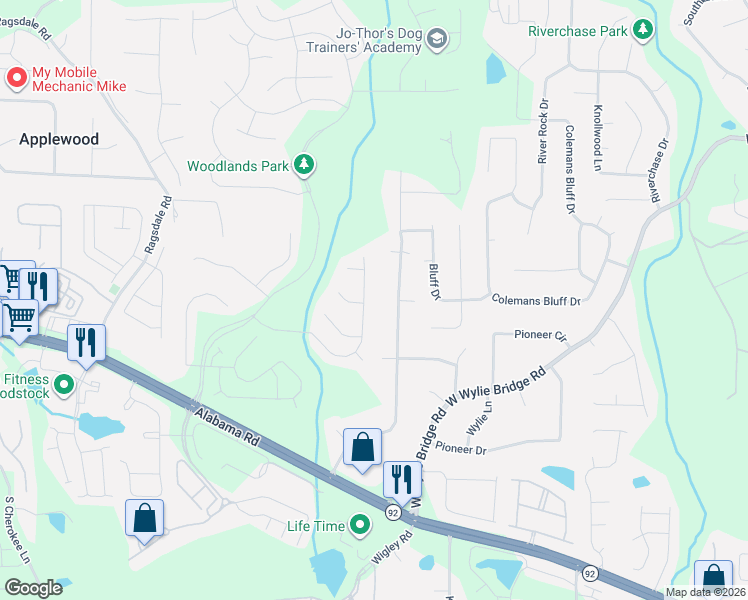 map of restaurants, bars, coffee shops, grocery stores, and more near 155 Churchcliff Drive in Woodstock