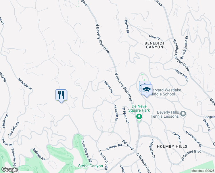 map of restaurants, bars, coffee shops, grocery stores, and more near 677 Nimes Road in Los Angeles