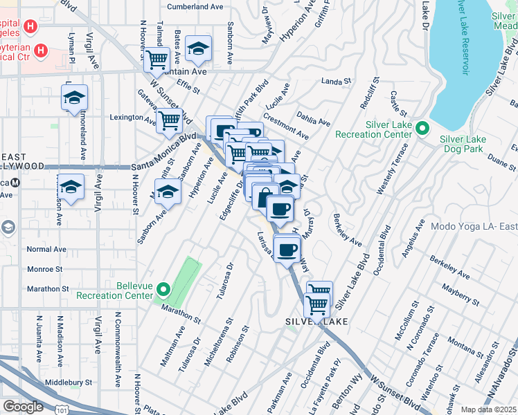 map of restaurants, bars, coffee shops, grocery stores, and more near 3503 Sunset Boulevard in Los Angeles