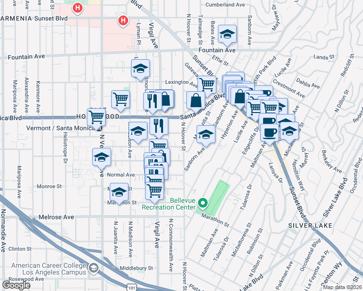 map of restaurants, bars, coffee shops, grocery stores, and more near 951 North Hoover Street in Los Angeles