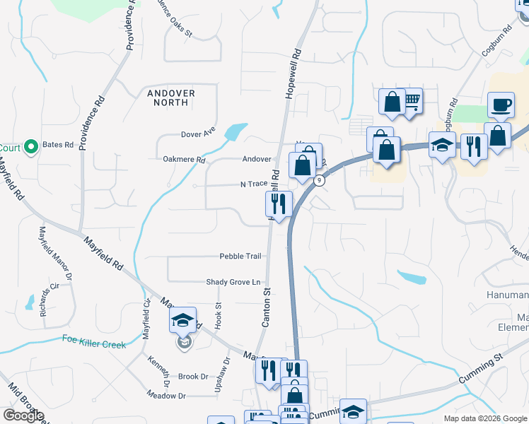 map of restaurants, bars, coffee shops, grocery stores, and more near 12476 Hopewell Road in Alpharetta