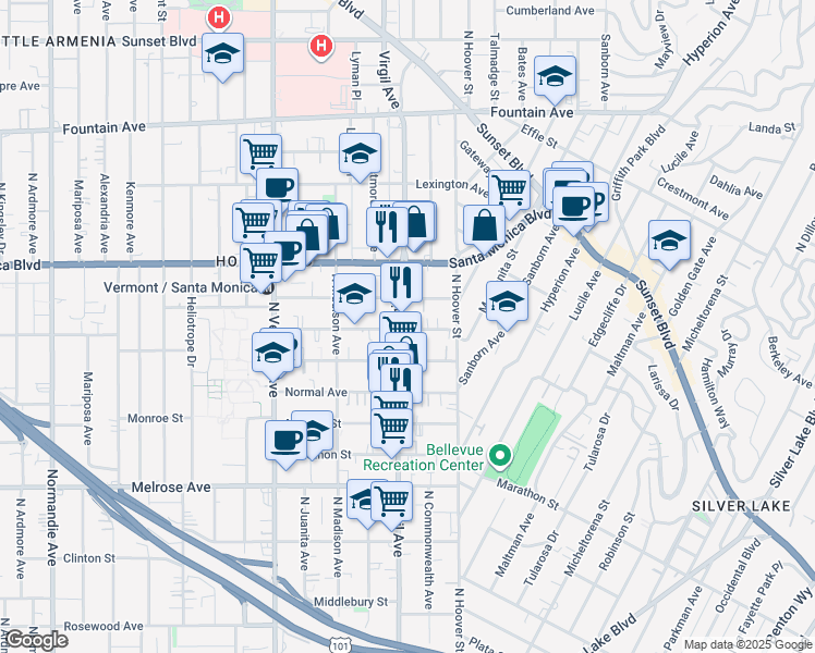map of restaurants, bars, coffee shops, grocery stores, and more near 957 North Virgil Avenue in Los Angeles
