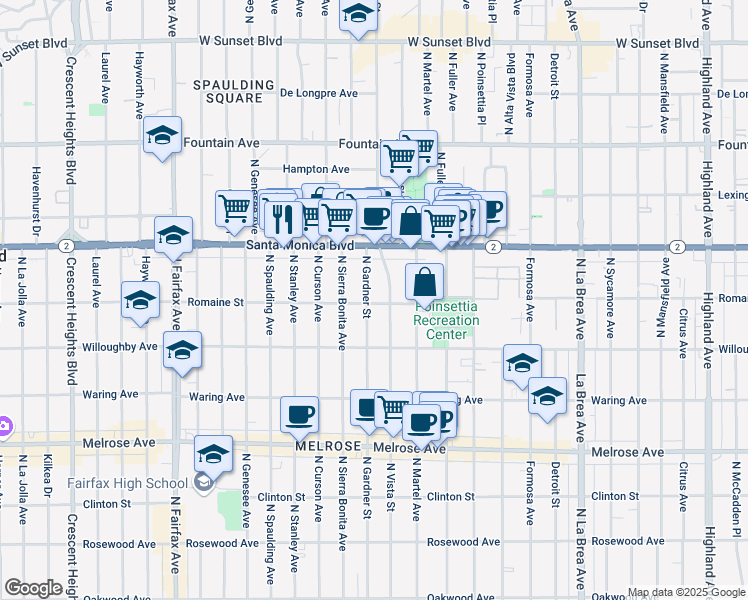 map of restaurants, bars, coffee shops, grocery stores, and more near 1000 North Gardner Street in West Hollywood
