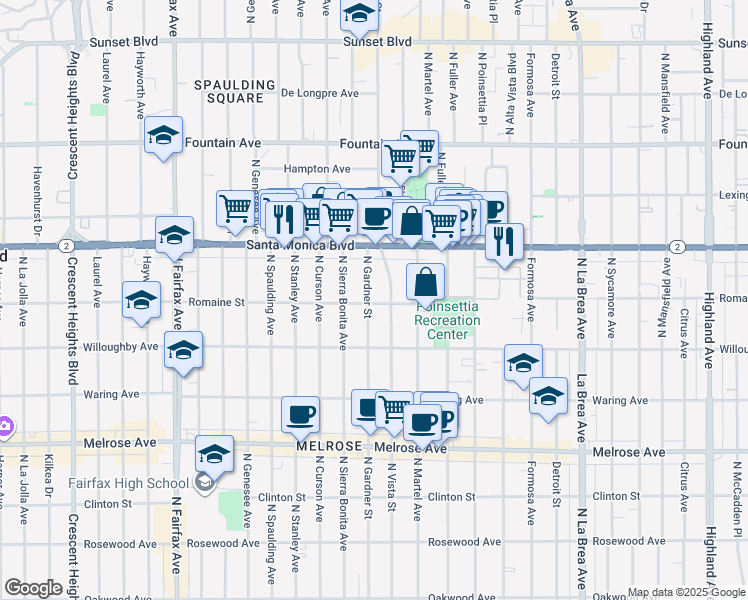 map of restaurants, bars, coffee shops, grocery stores, and more near 1000 North Gardner Street in West Hollywood